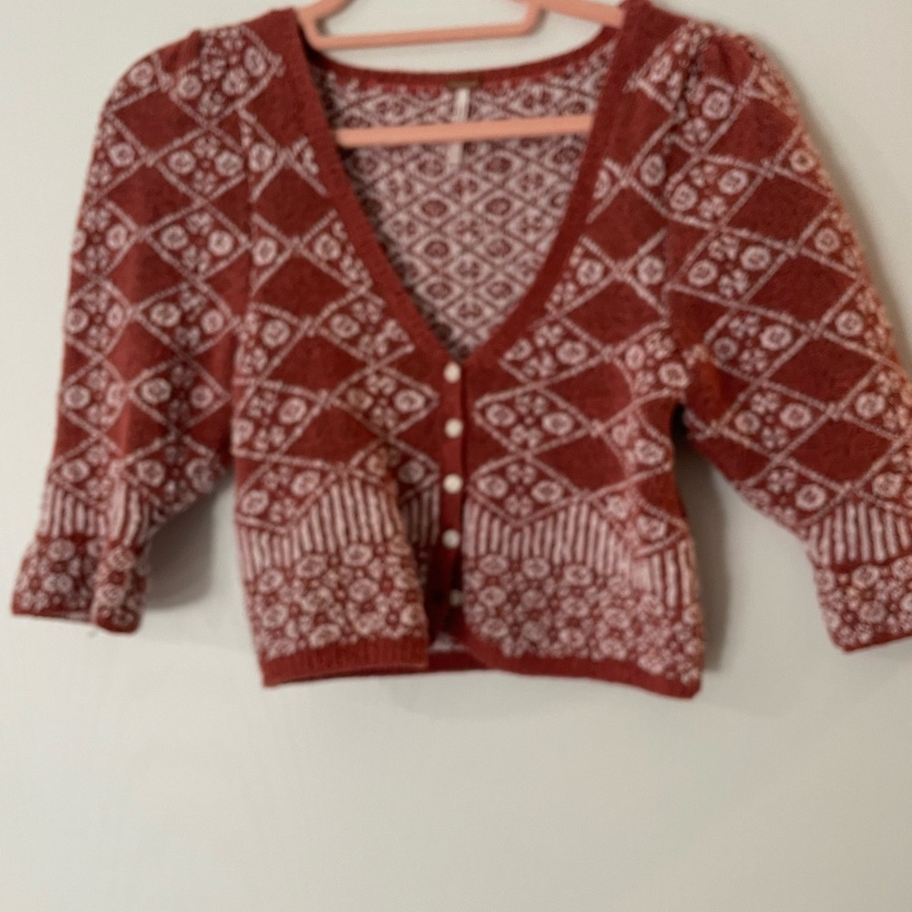 Free People Red and White Patterned Cardigan